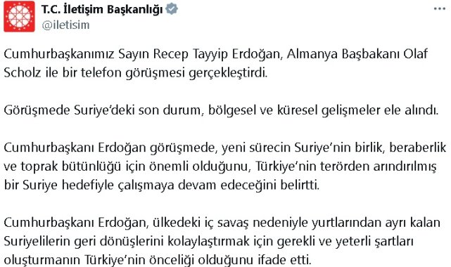 Cumhurbaşkanı Erdoğan, Almanya Başbakanı Scholz ile telefonda görüştü