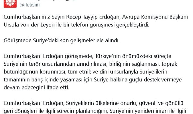 Cumhurbaşkanı Erdoğan, Avrupa Komisyonu Başkanı Von der Leyen ile telefonda görüştü