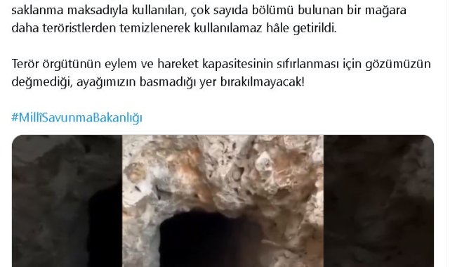 MSB: Irak'ın kuzeyinde bir mağara daha teröristlerden temizlendi
