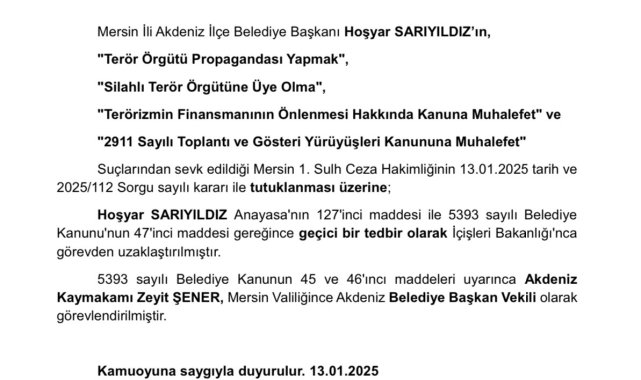 Akdeniz Belediye Başkanı Sarıyıldız görevden uzaklaştırıldı