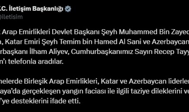 BAE, Katar ve Azerbaycan liderlerinden, Cumhurbaşkanı Erdoğan'a taziye telefonu