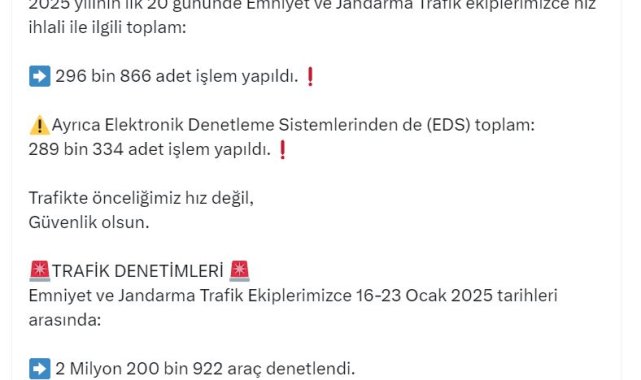 Bakan Yerlikaya: 2025'in ilk 20 gününde hız ihlaliyle ilgili 296 bin işlem yapıldı