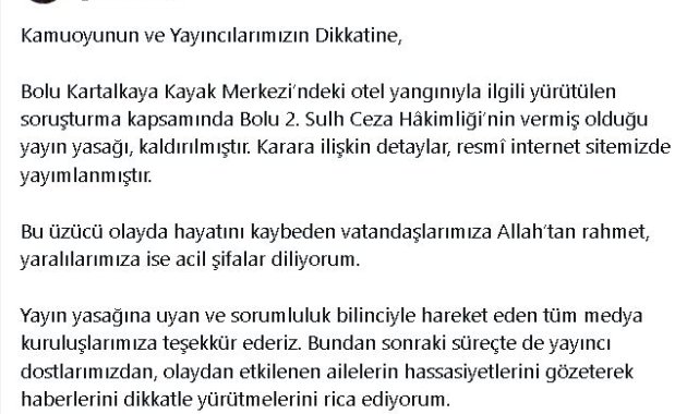 Bolu Kartalkaya'daki otel yangınıyla ilgili yayın yasağı kaldırıldı