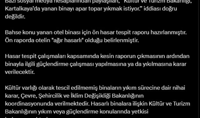 DMM: Kartalkaya'da yanan otelin apar topar yıkılacağı iddiası doğru değil