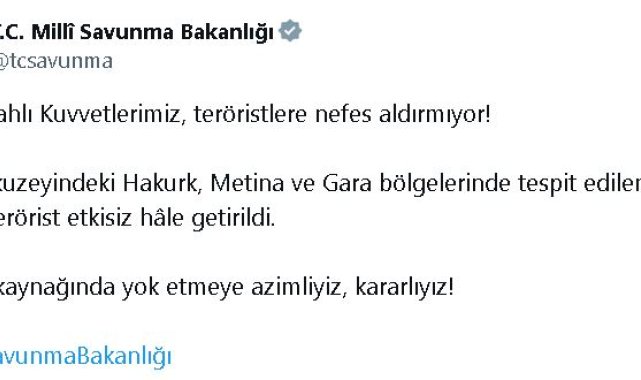 MSB: Irak'ın kuzeyinde 11 terörist etkisiz hale getirildi