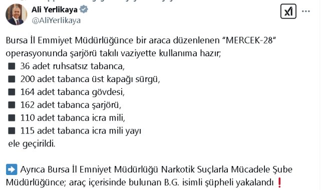 Bursa'da 36 ruhsatsız tabanca ele geçirildi; 1 gözaltı