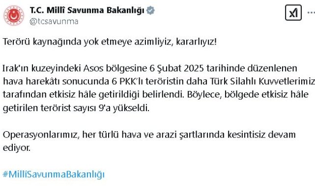 MSB: Irak'ın kuzeyinde etkisiz hale getirilen terörist sayısı 9'a yükseldi