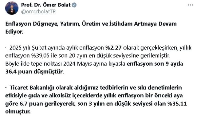 Bakan Bolat: Enflasyon son 9 ayda 36,4 puan geriledi
