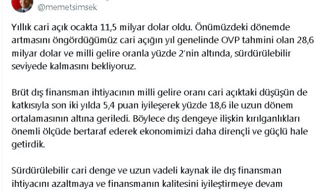 Bakan Şimşek: Cari açığın sürdürülebilir seviyede kalmasını bekliyoruz