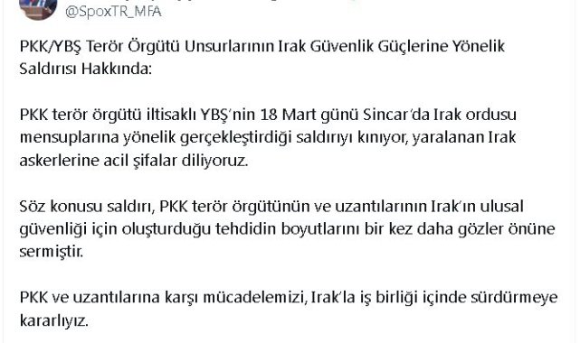 Dışişleri'nden YBŞ'nin Irak ordusuna saldırısına kınama