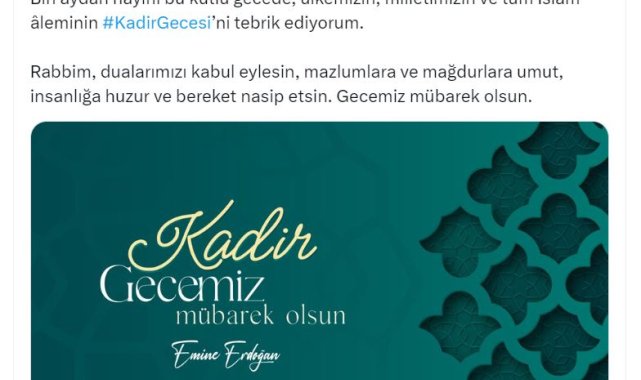 Emine Erdoğan'dan Kadir Gecesi mesajı