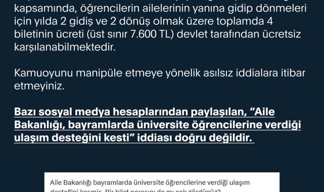 İletişim Başkanlığı: 'Bayramlarda üniversite öğrencilerine verilen ulaşım desteği kesildi' iddiası doğru değildir