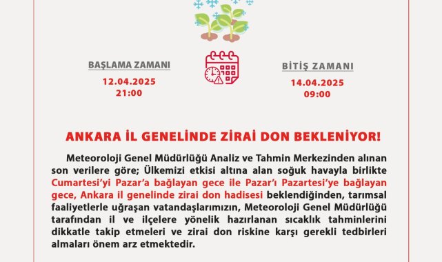 Ankara Valiliği'nden 'zirai don' uyarısı