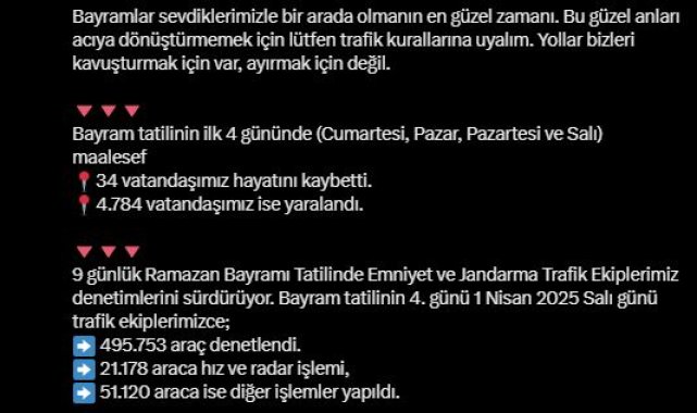 Bakan Yerlikaya: Bayram tatilinin ilk 4 gününde 34 vatandaşımız hayatını kaybetti