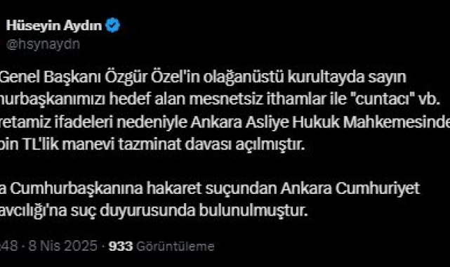 Cumhurbaşkanı Erdoğan'dan, Özgür Özel'e 500 bin TL'lik tazminat davası