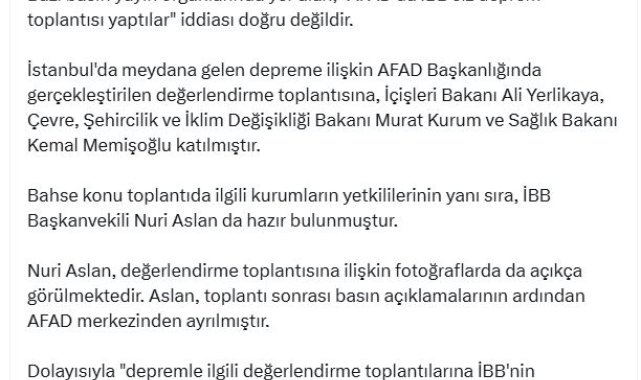 DMM: 'AFAD'da İBB'siz deprem toplantısı yaptılar' iddiası doğru değildir