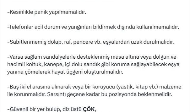 İletişim Başkanlığı'ndan, 'Deprem anında yapılması gerekenler' paylaşımı
