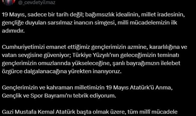 Cevdet Yılmaz'dan '19 Mayıs' mesajı