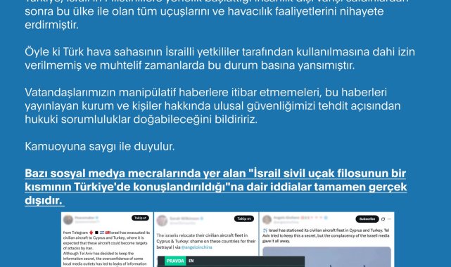 DMM'den 'İsrail sivil uçak filosunun bir kısmının Türkiye'de konuşlandırıldığı' iddialarına açıklama
