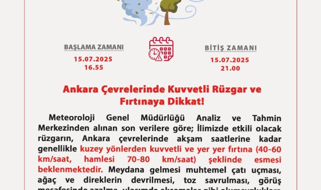 Ankara Valiliği'nden kuvvetli rüzgar ve fırtına uyarısı