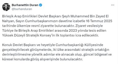 BAE Devlet Başkanı El Nahyan, yarın Türkiye'ye gelecek