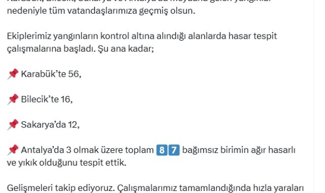 Bakan Kurum: 4 ildeki orman yangınında 87 bağımsız birim hasar aldı