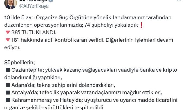 Bakan Yerlikaya: 10 ilde organize suç örgütlerine yönelik operasyonlarda 38 şüpheli tutuklandı