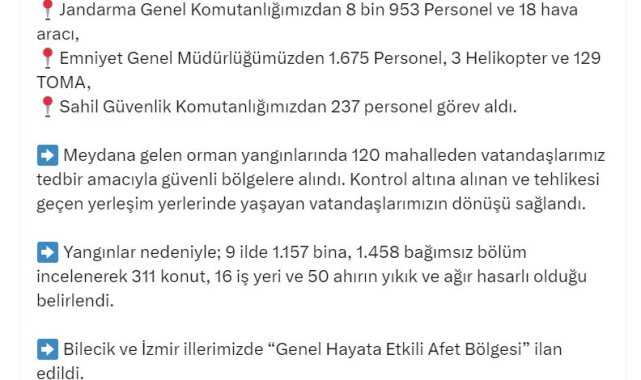 Bakan Yerlikaya: Bilecik ve İzmir, 'afet bölgesi' ilan edildi