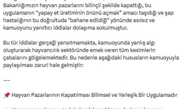 Bakanlıktan, 'hayvan pazarlarının bilinçli şekilde kapatıldığı' iddialarına ilişkin açıklama
