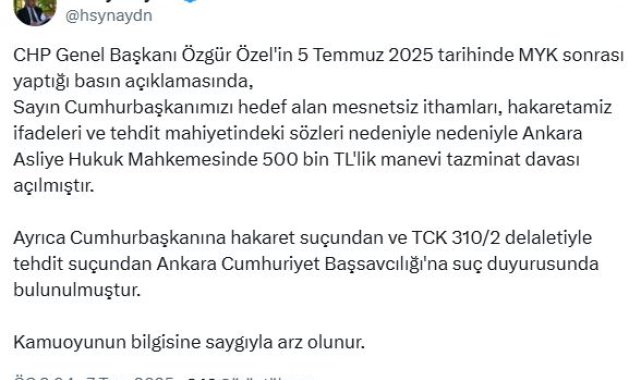 Cumhurbaşkanı Erdoğan'dan, Özgür Özel'e tazminat davası