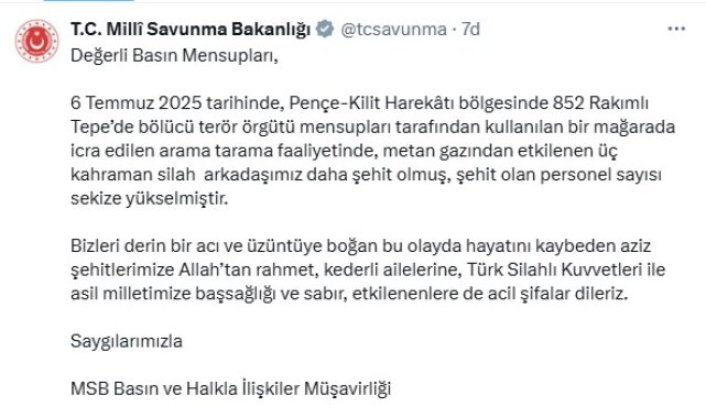MSB: Metan gazından etkilenen 3 personelimiz daha şehit oldu