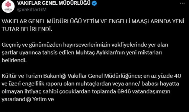 Yetim ve engelli muhtaç aylığı 7 bin 326 TL oldu