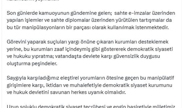 Cevdet Yılmaz: Sahte e-imza tartışmaları, manipülasyonların parçası yapılmak isteniyor