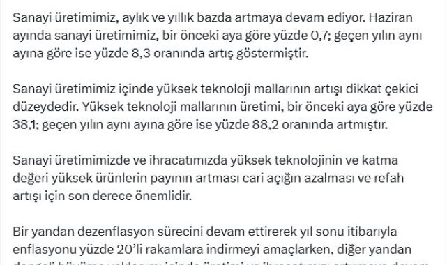 Cevdet Yılmaz: Sanayi üretimimiz içinde yüksek teknoloji mallarının artışı dikkat çekici düzeydedir