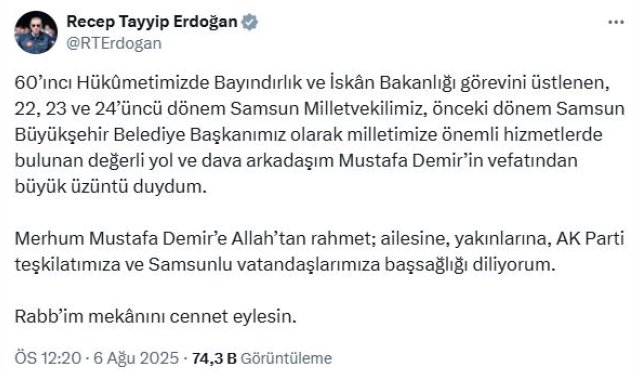 Cumhurbaşkanı Erdoğan'dan, eski bakan Demir için taziye mesajı