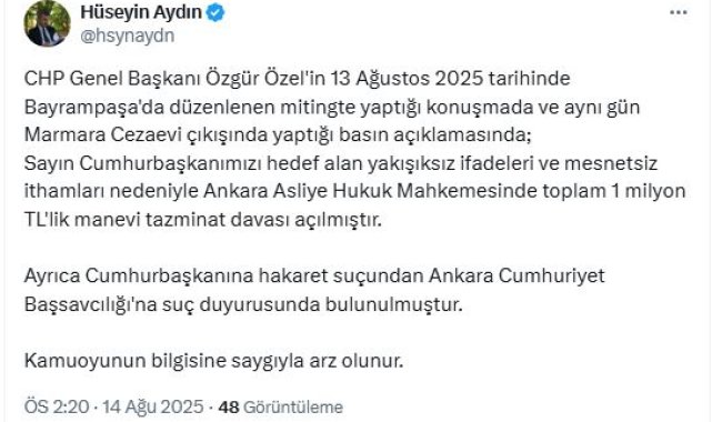 Cumhurbaşkanı Erdoğan'dan, Özgür Özel'e 1 milyon liralık tazminat davası