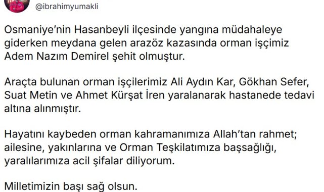 Osmaniye'de arazöz kazasında 1 orman işçisi şehit oldu
