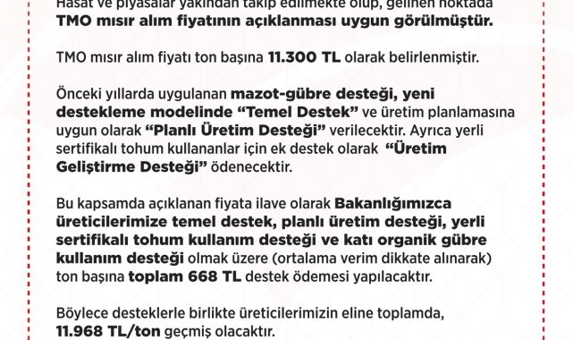 TMO 2025 yılı mısır alım fiyatı belli oldu