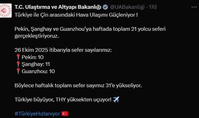 Türkiye ile Çin arasındaki sefer sayıları artıyor