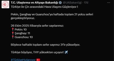 Türkiye ile Çin arasındaki sefer sayıları artıyor