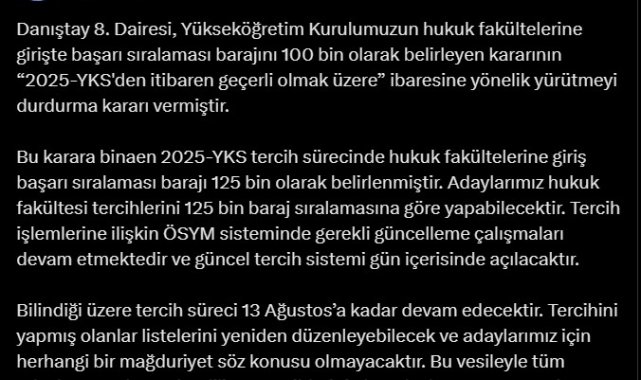 YÖK Başkanı Özvar: Hukuk fakültelerine tercih 125 bin barajına göre yapılabilecek