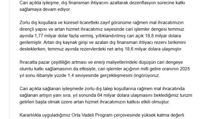 Yılmaz: Cari açığın milli gelire oranının yüzde 1,4 seviyesinde gerçekleşmesini öngörüyoruz