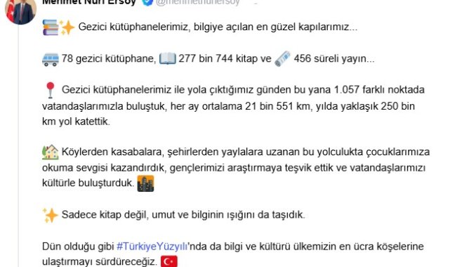 Bakan Ersoy: Gezici Kütüphanelerimiz ile 1057 noktada vatandaşlarımızla buluştuk