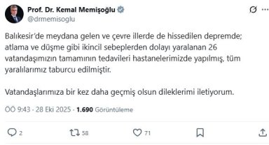 Bakan Memişoğlu: Balıkesir'deki depremde yaralanan 26 kişi taburcu edildi