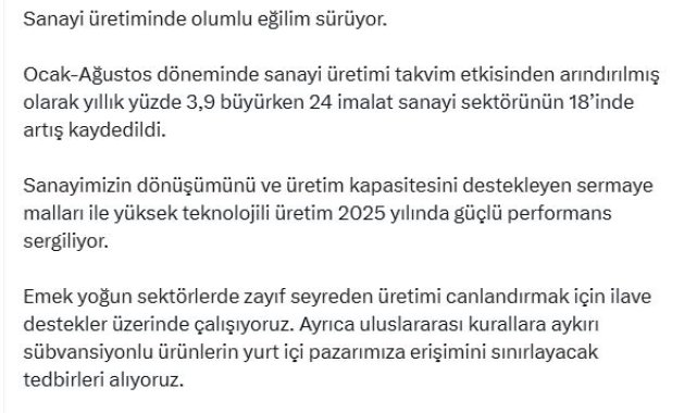 Bakan Şimşek: Sanayi üretiminde olumlu eğilim sürüyor