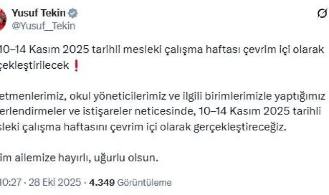 Bakan Tekin: Mesleki çalışma haftası çevrim içi olacak