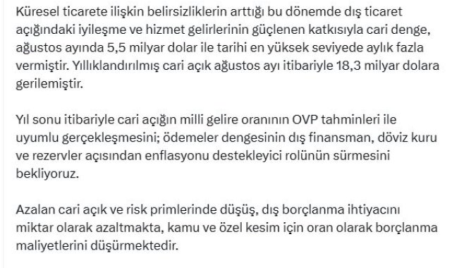 Cevdet Yılmaz: Cari dengedeki olumlu görünüm, dezenflasyona katkı veriyor