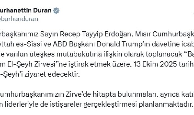 Cumhurbaşkanı Erdoğan, Gazze zirvesi için yarın Mısır'a gidecek