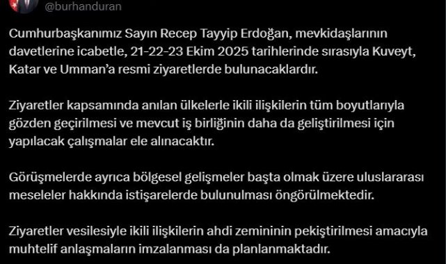 Cumhurbaşkanı Erdoğan, Kuveyt, Katar ve Umman'a resmi ziyarette bulunacak