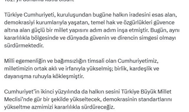 TBMM Başkanı Kurtulmuş'tan 'Cumhuriyet Bayramı' mesajı